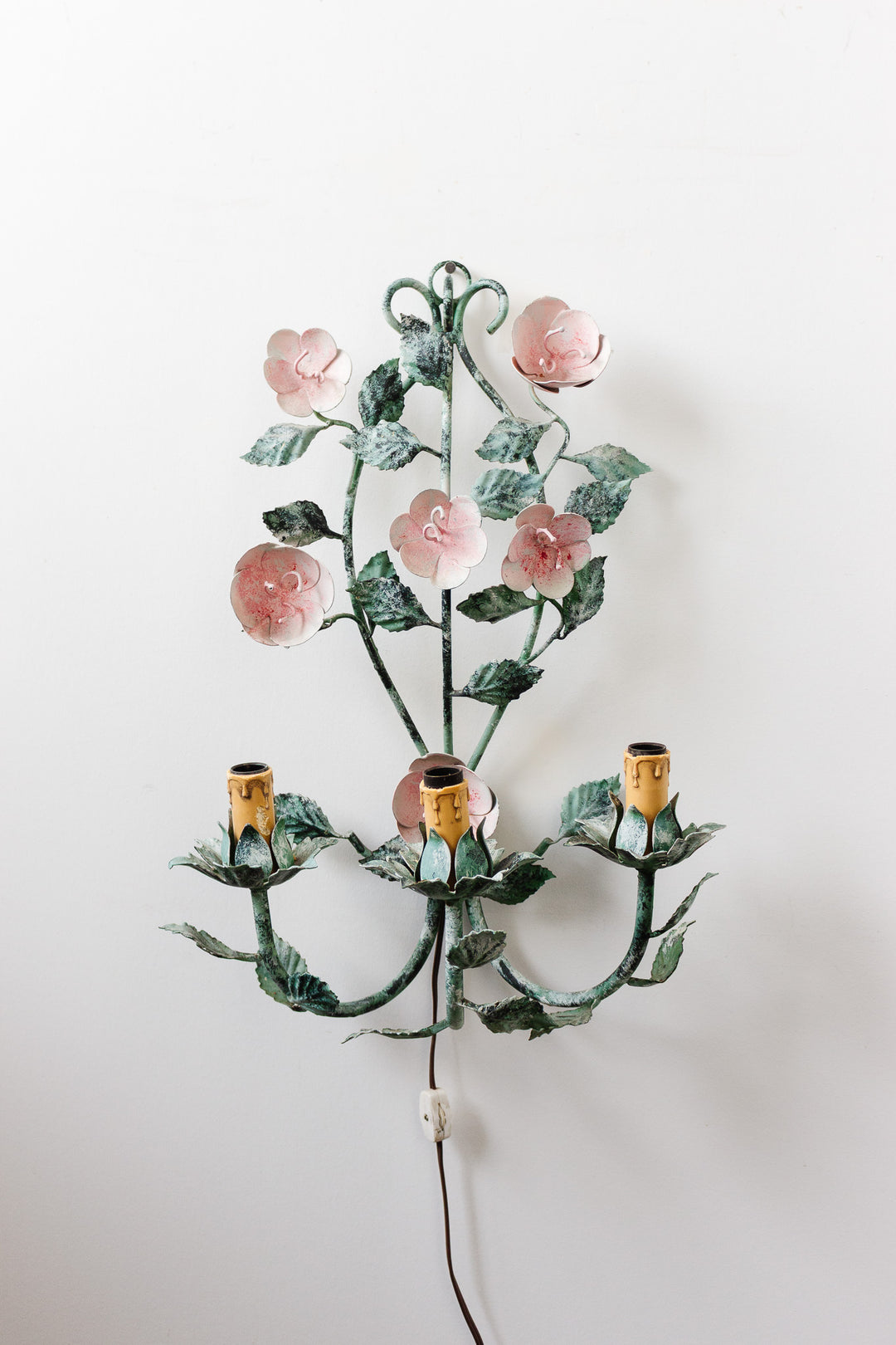 large vintage italian tole wall sconce with roses