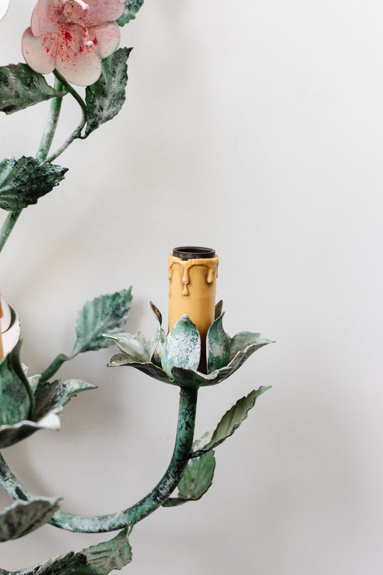 large vintage italian tole wall sconce with roses