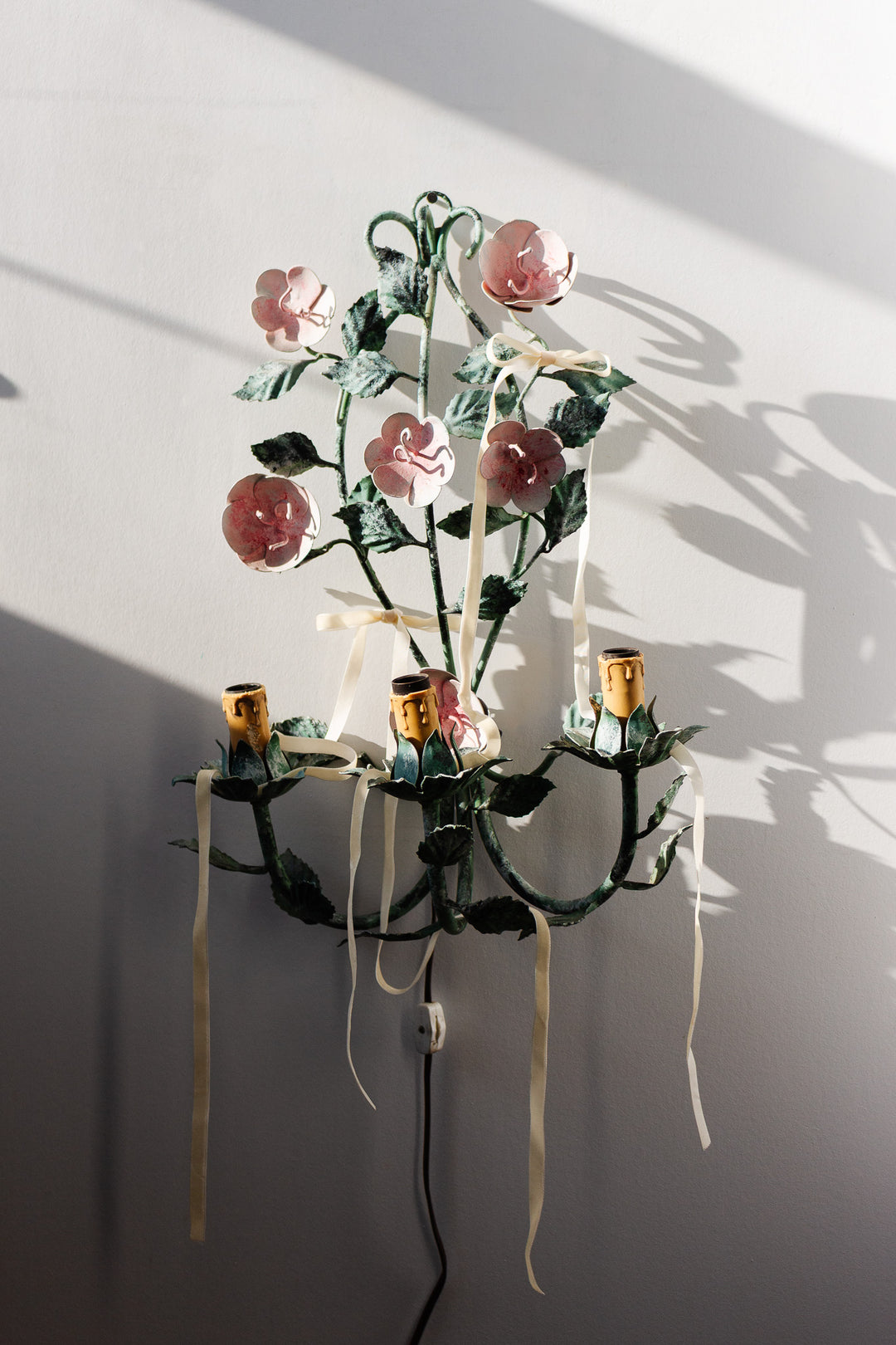 large vintage italian tole wall sconce with roses