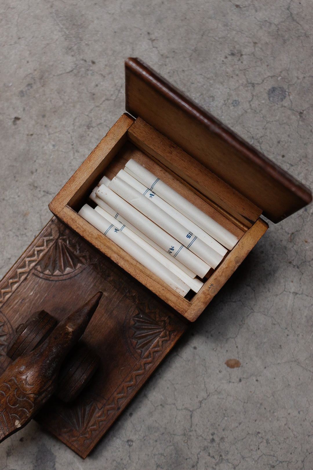 midcentury french wood carved novelty cigarette box
