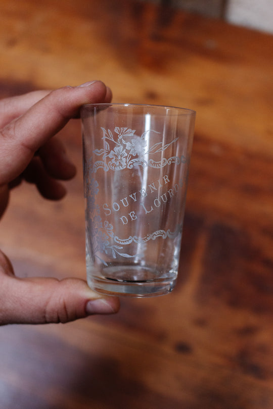 antique french "souvenir de Lourdes" glass cup in tin case