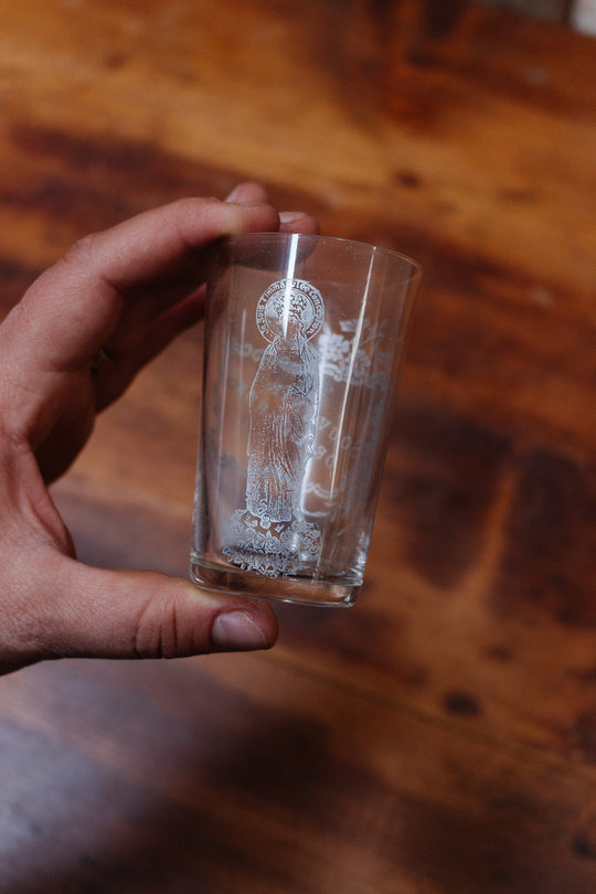 antique french "souvenir de Lourdes" glass cup in tin case