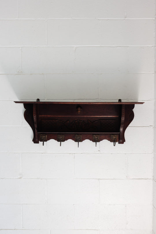 19th century French Renaissance entryway shelf with bronze hooks