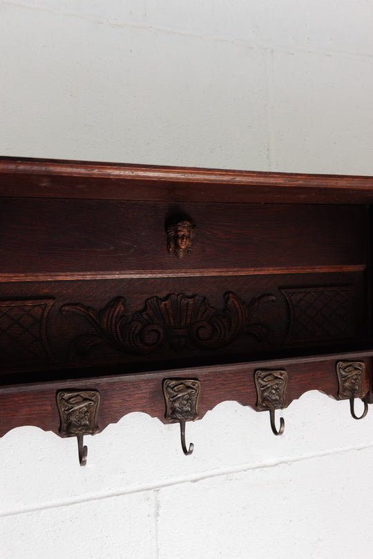 19th century French Renaissance entryway shelf with bronze hooks
