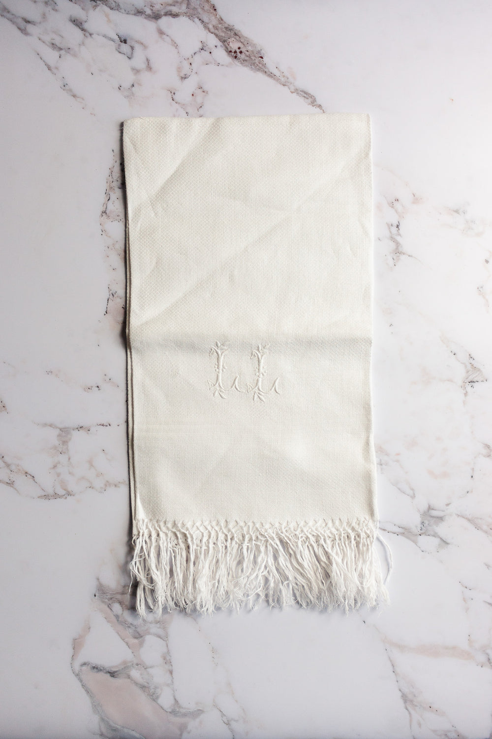 1940s French cotton damask fringed towel