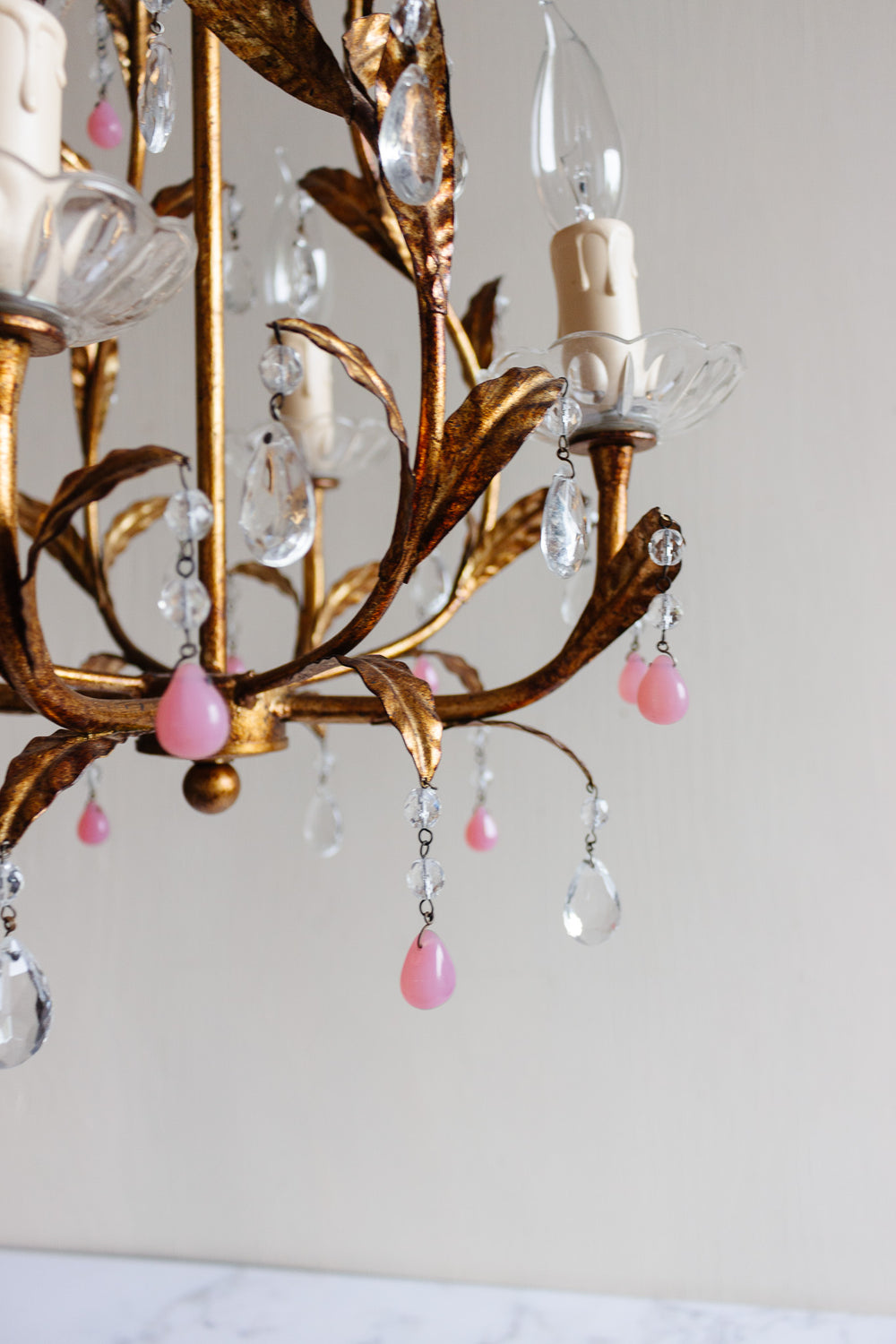 1960s French Maison Bagues style crystal and pink gemstone drop chandelier