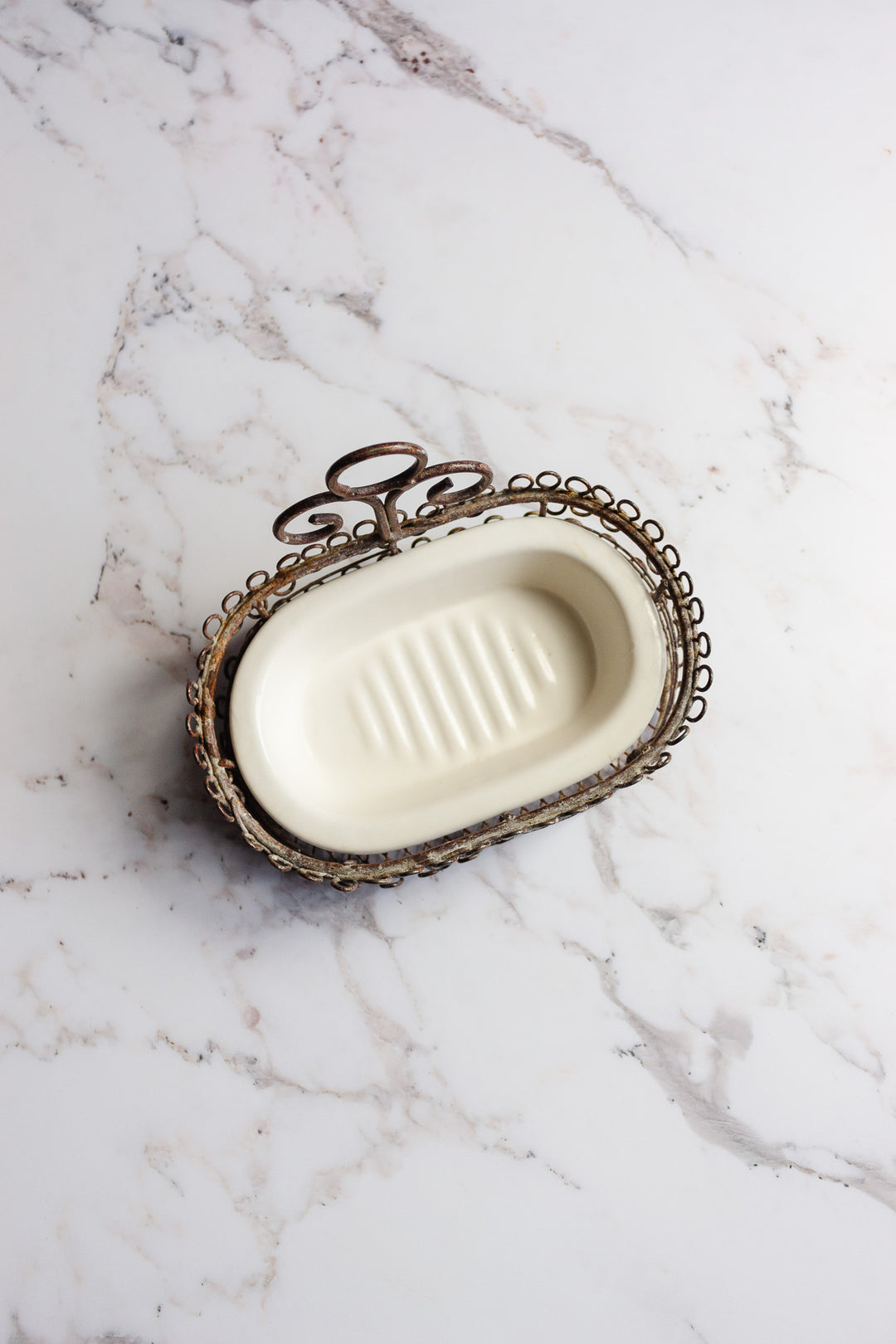 rare vintage French extra large wire work and porcelain soap dish