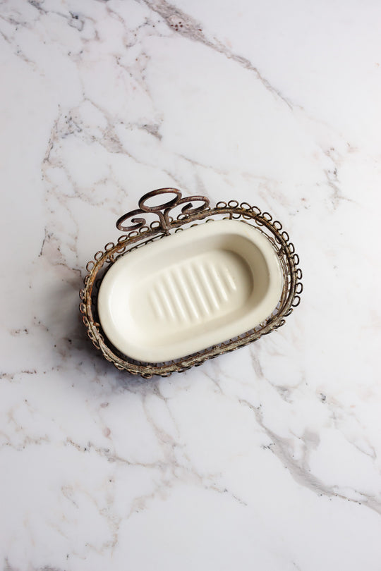 rare vintage French extra large wire work and porcelain soap dish