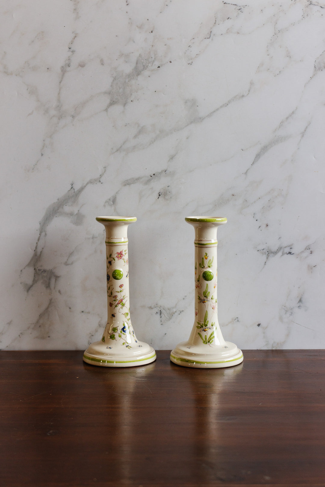vintage french hand painted moustiers porcelain candlesticks