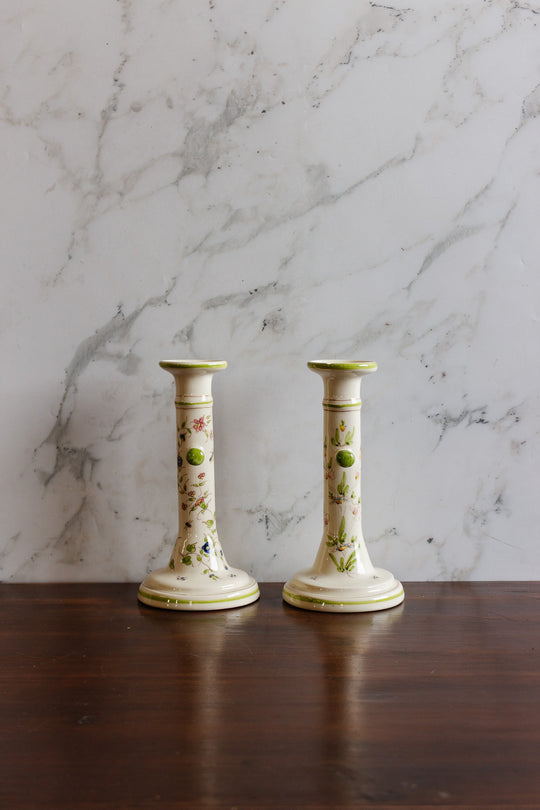 vintage french hand painted moustiers porcelain candlesticks