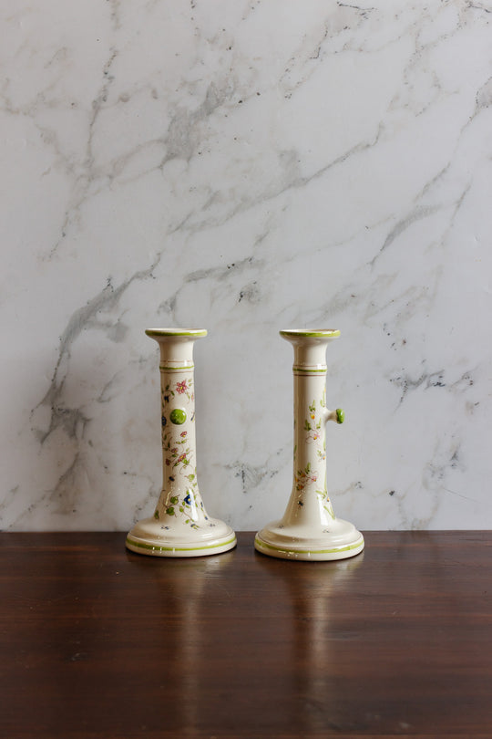 vintage french hand painted moustiers porcelain candlesticks