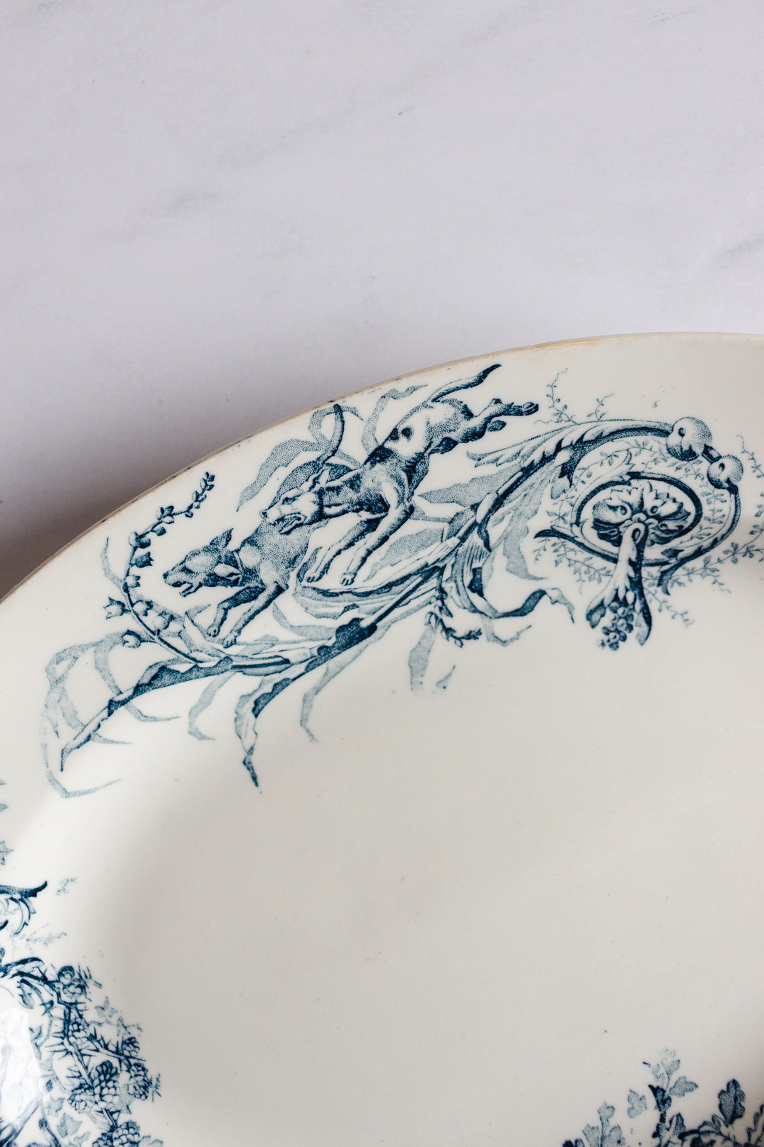 rare antique french transferware platter, "la chasse"