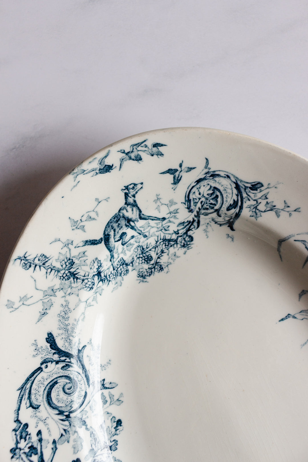 rare antique french transferware platter, "la chasse"