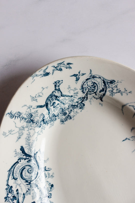 rare antique french transferware platter, "la chasse"