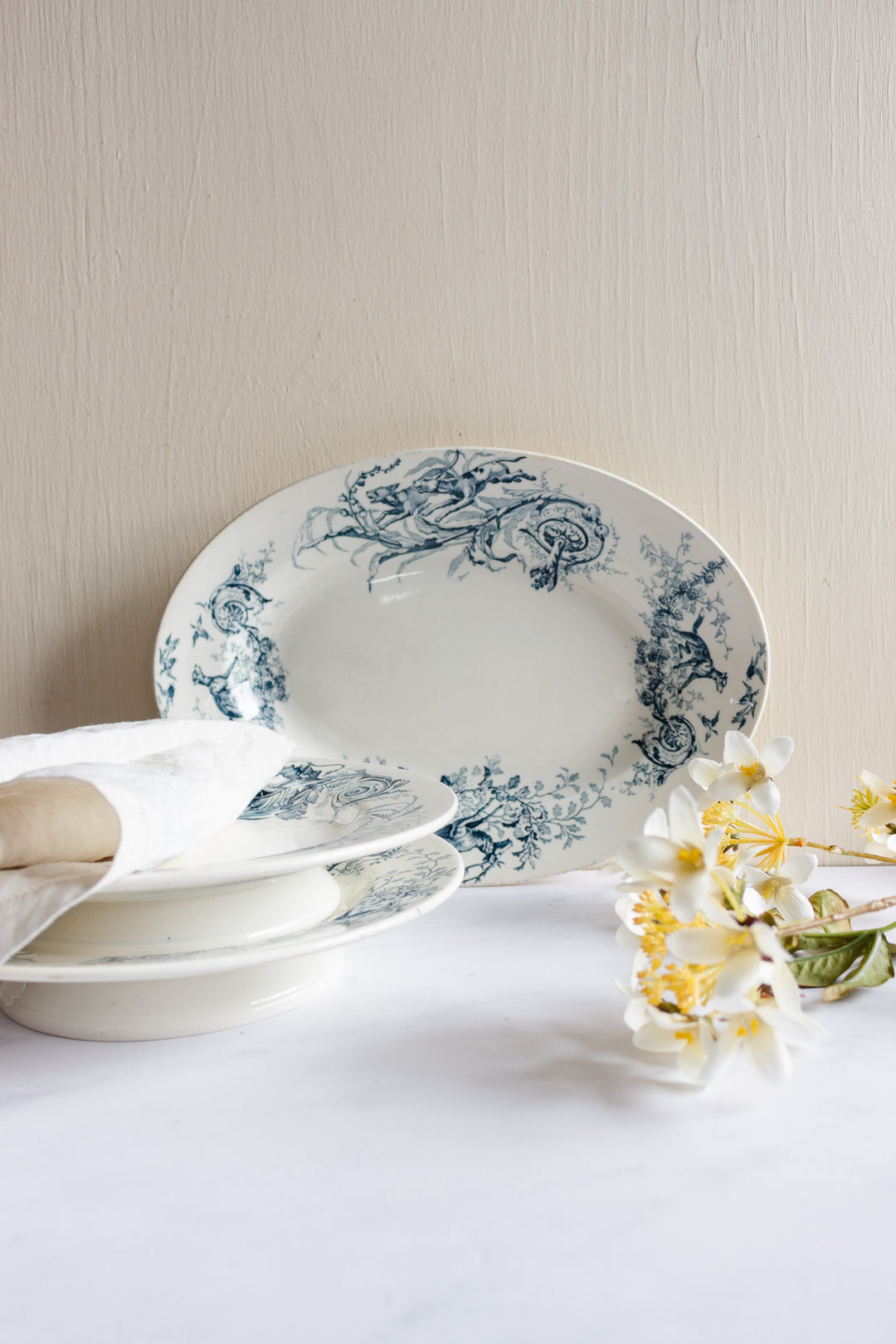 rare antique french transferware platter, "la chasse"