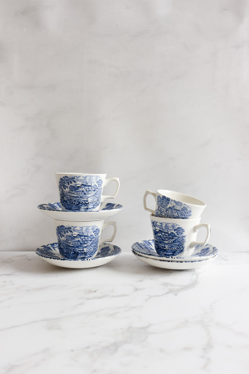 ridgeway "meadowsweet" blue and white teacups, set of 4