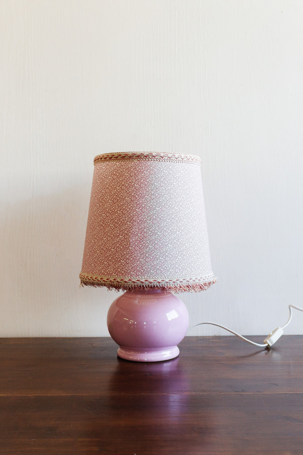 vintage french pink porcelain lamp with fringe shade