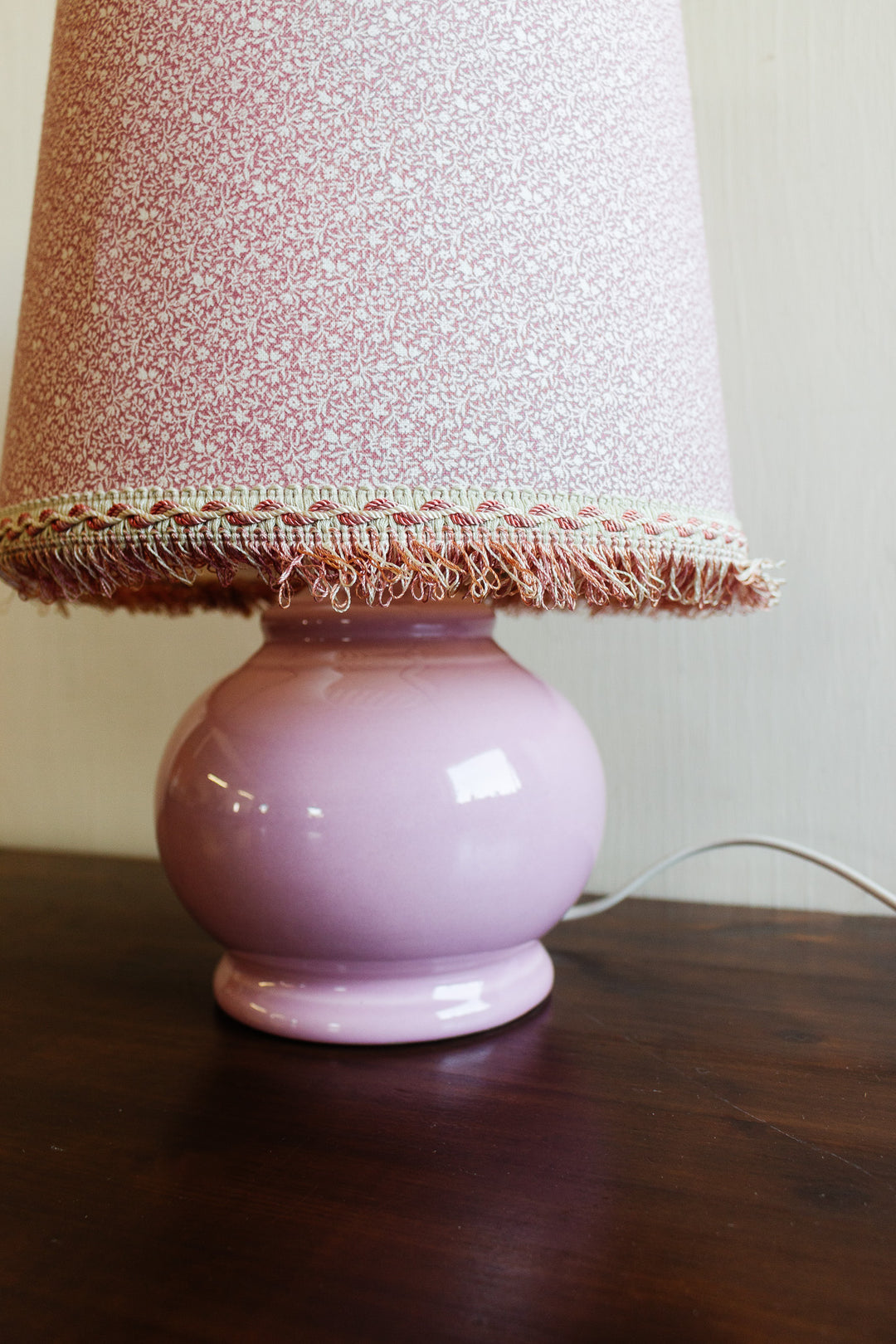 vintage french pink porcelain lamp with fringe shade