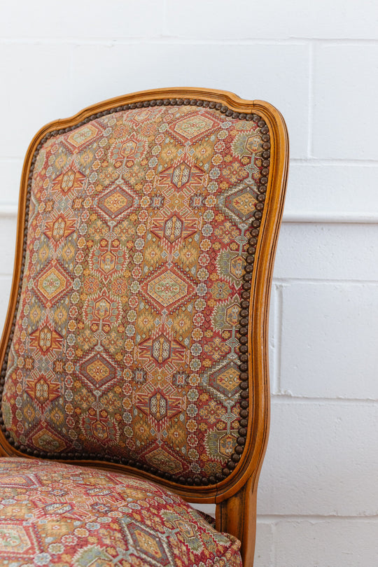 antique walnut Louis XV ladies chair with vintage Moroccan tastir-style jacquard upholstery