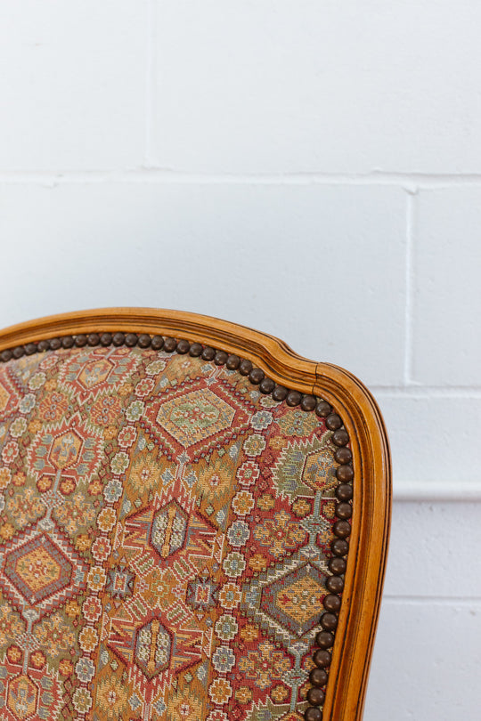 antique walnut Louis XV ladies chair with vintage Moroccan tastir-style jacquard upholstery