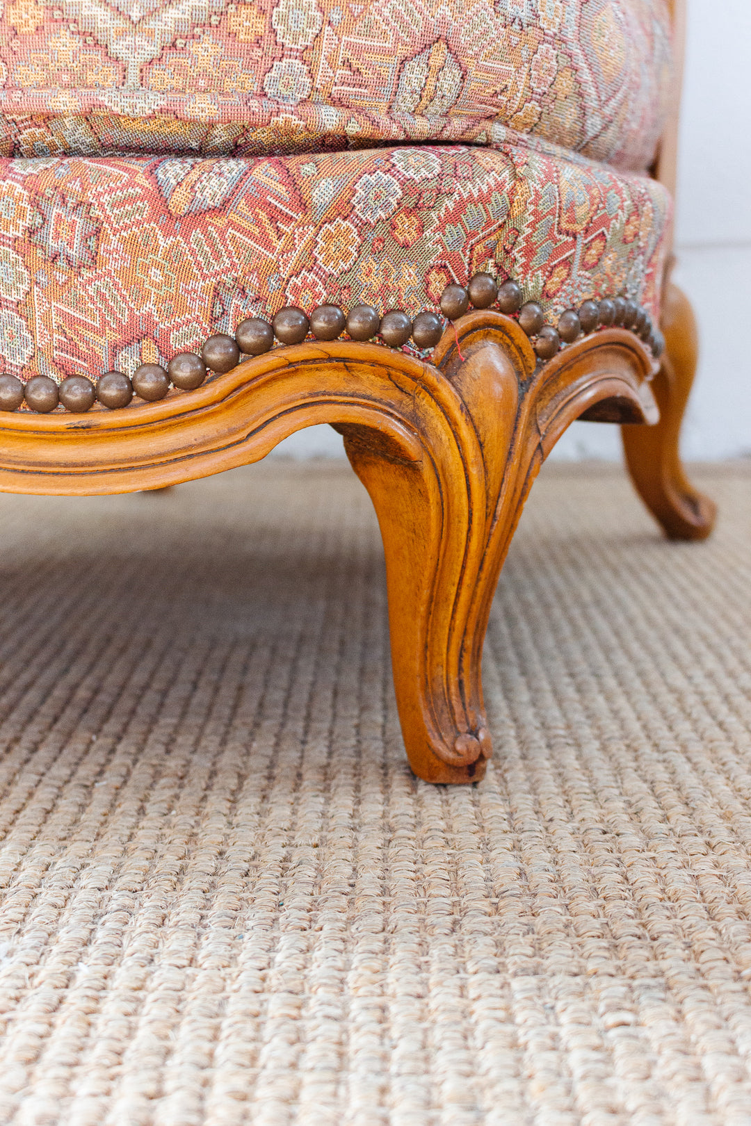 antique walnut Louis XV ladies chair with vintage Moroccan tastir-style jacquard upholstery