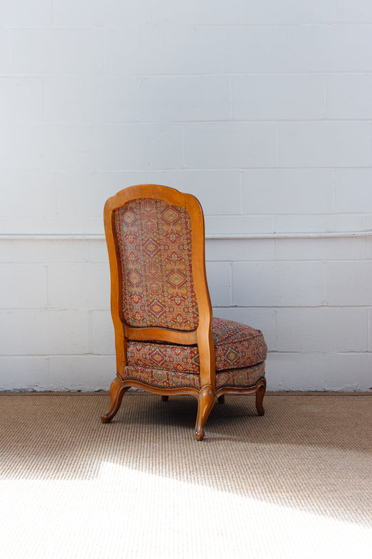 antique walnut Louis XV ladies chair with vintage Moroccan tastir-style jacquard upholstery