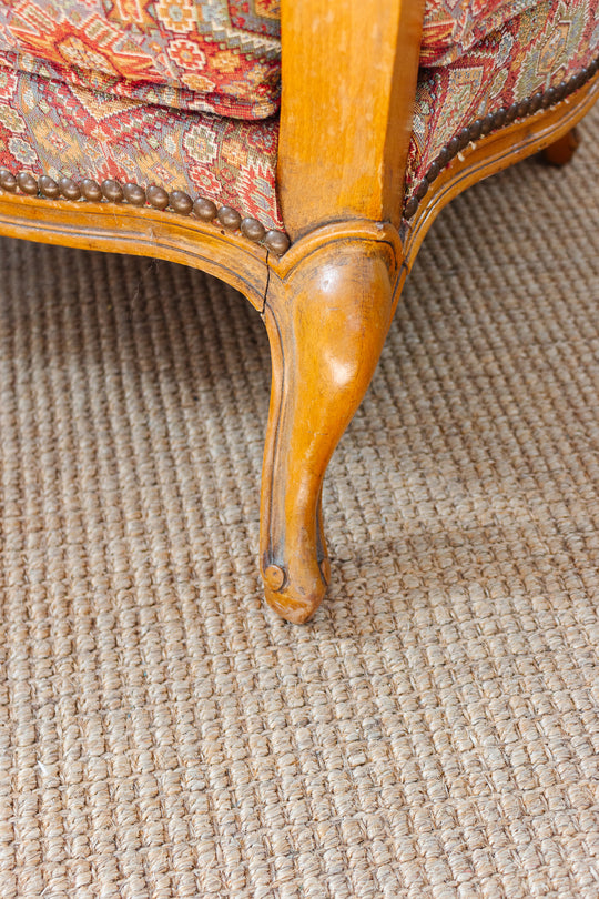 antique walnut Louis XV ladies chair with vintage Moroccan tastir-style jacquard upholstery