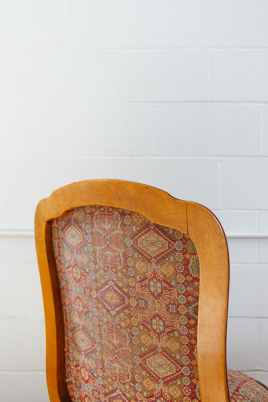 antique walnut Louis XV ladies chair with vintage Moroccan tastir-style jacquard upholstery