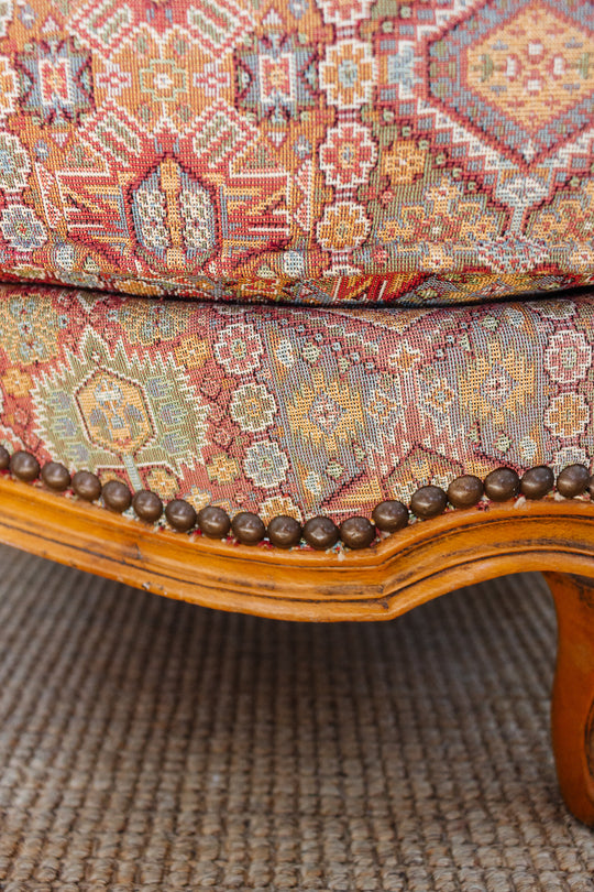 antique walnut Louis XV ladies chair with vintage Moroccan tastir-style jacquard upholstery