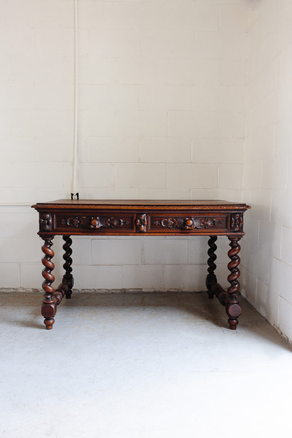 19th century French carved oak Renaissance revival barley twist desk