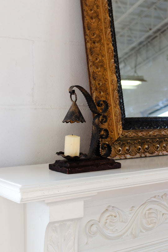 1970s french artisnal hand forged iron candlestick on wood base with snuffer