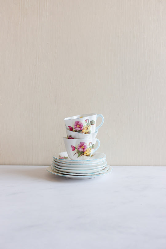 vintage Shelley "begonia" teacups and plates, set of three