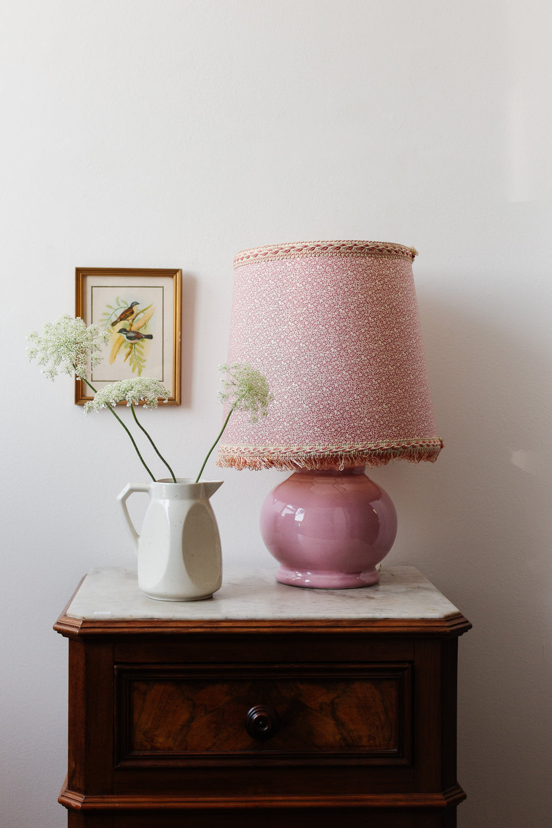 vintage french pink porcelain lamp with fringe shade