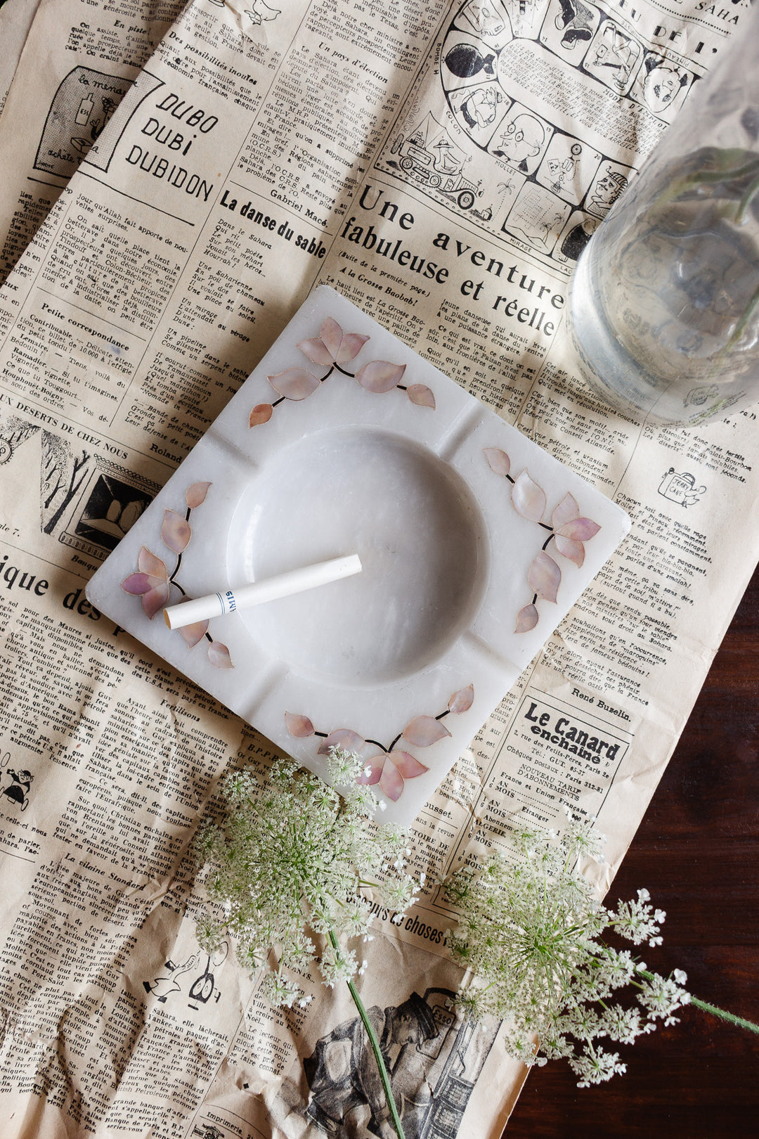 French alabaster ashtray with mother of pearl inlay