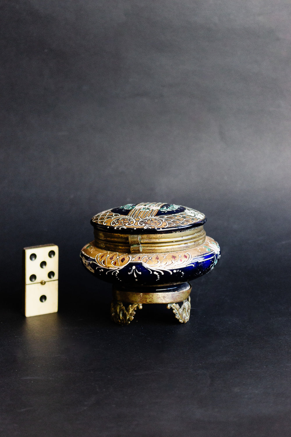 circa 1880 - 1900 cobalt blue moser glass and bronze trinket box