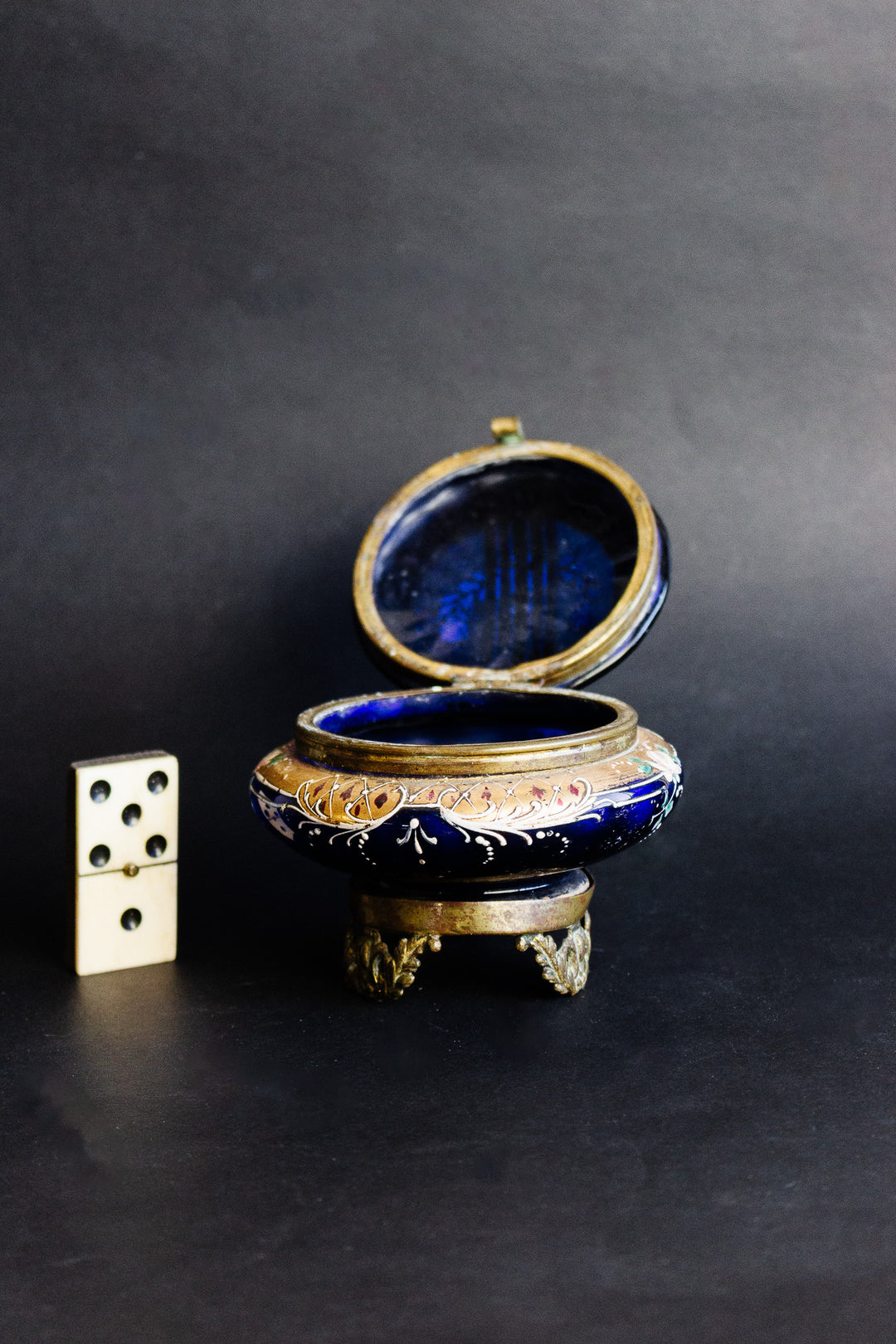 circa 1880 - 1900 cobalt blue moser glass and bronze trinket box