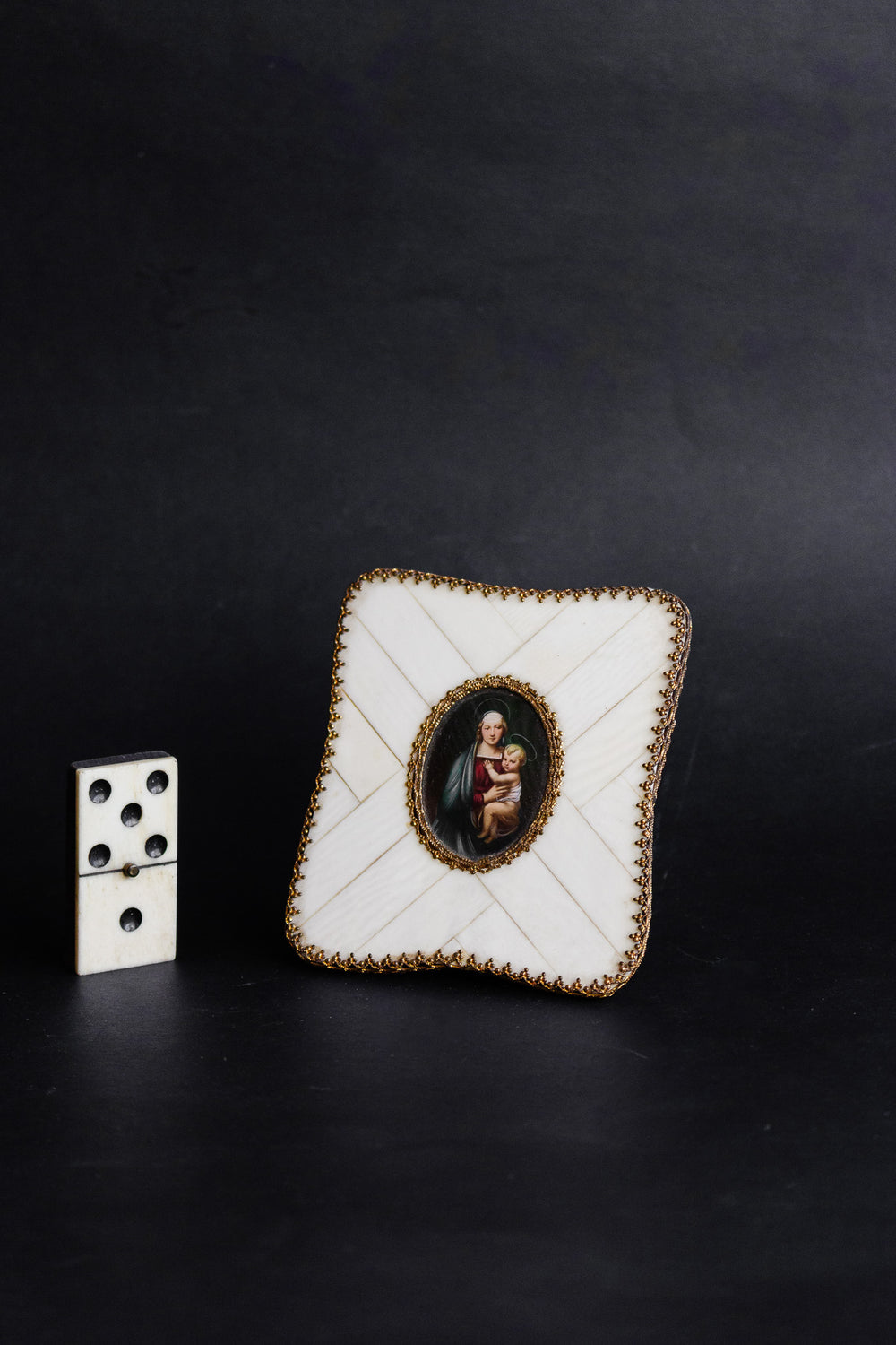 antique french miniature madonna and child portrait on porcelain in inlaid bone frame