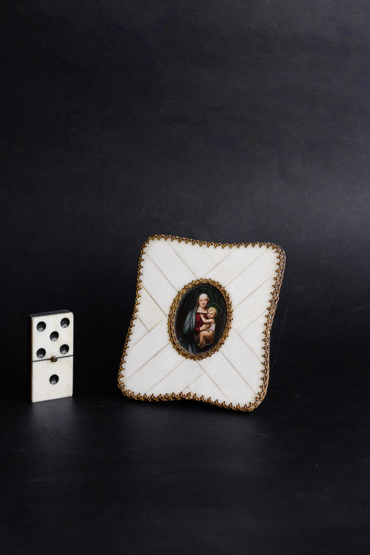 antique french miniature madonna and child portrait on porcelain in inlaid bone frame