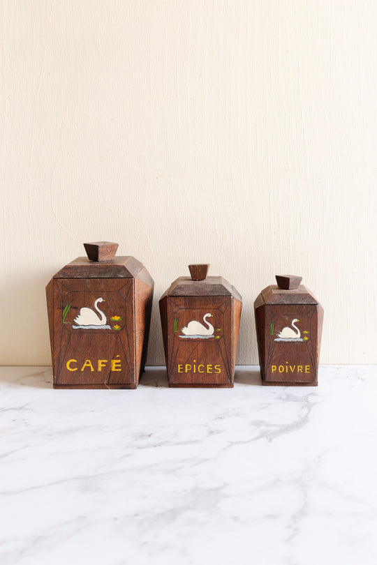 trio of vintage french wooden kitchen cannisters: café, poivre, épices