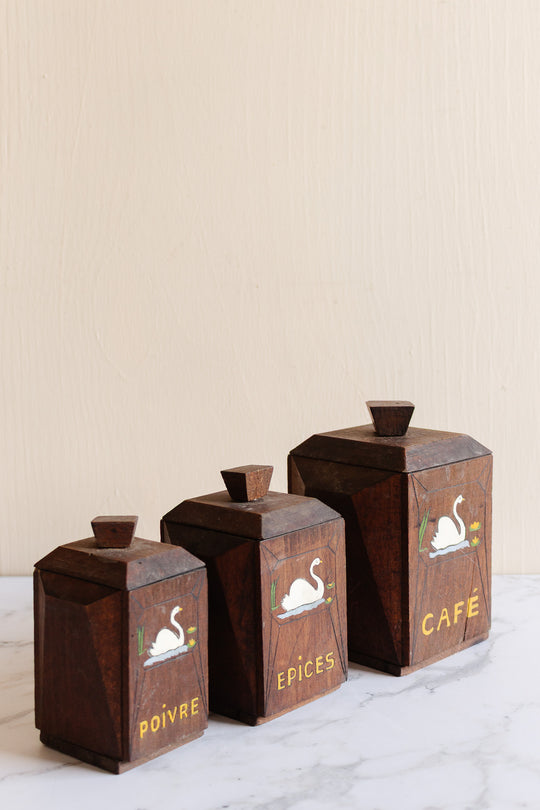 trio of vintage french wooden kitchen cannisters: café, poivre, épices