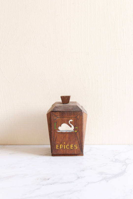 trio of vintage french wooden kitchen cannisters: café, poivre, épices