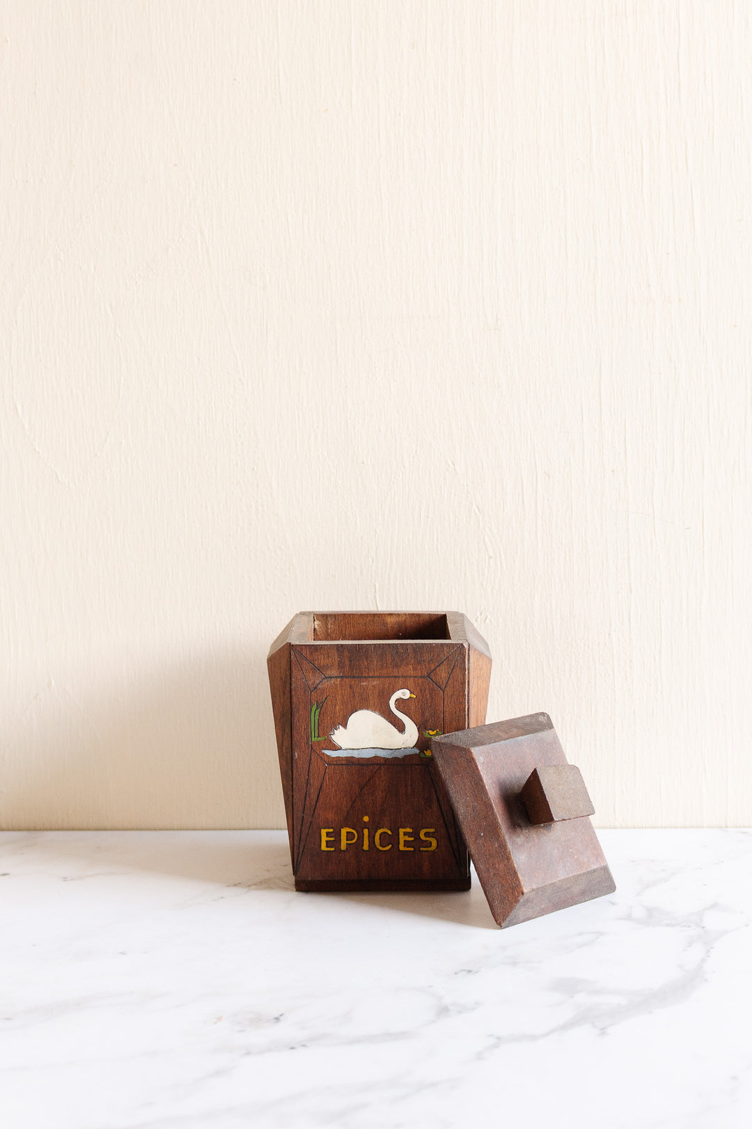 trio of vintage french wooden kitchen cannisters: café, poivre, épices