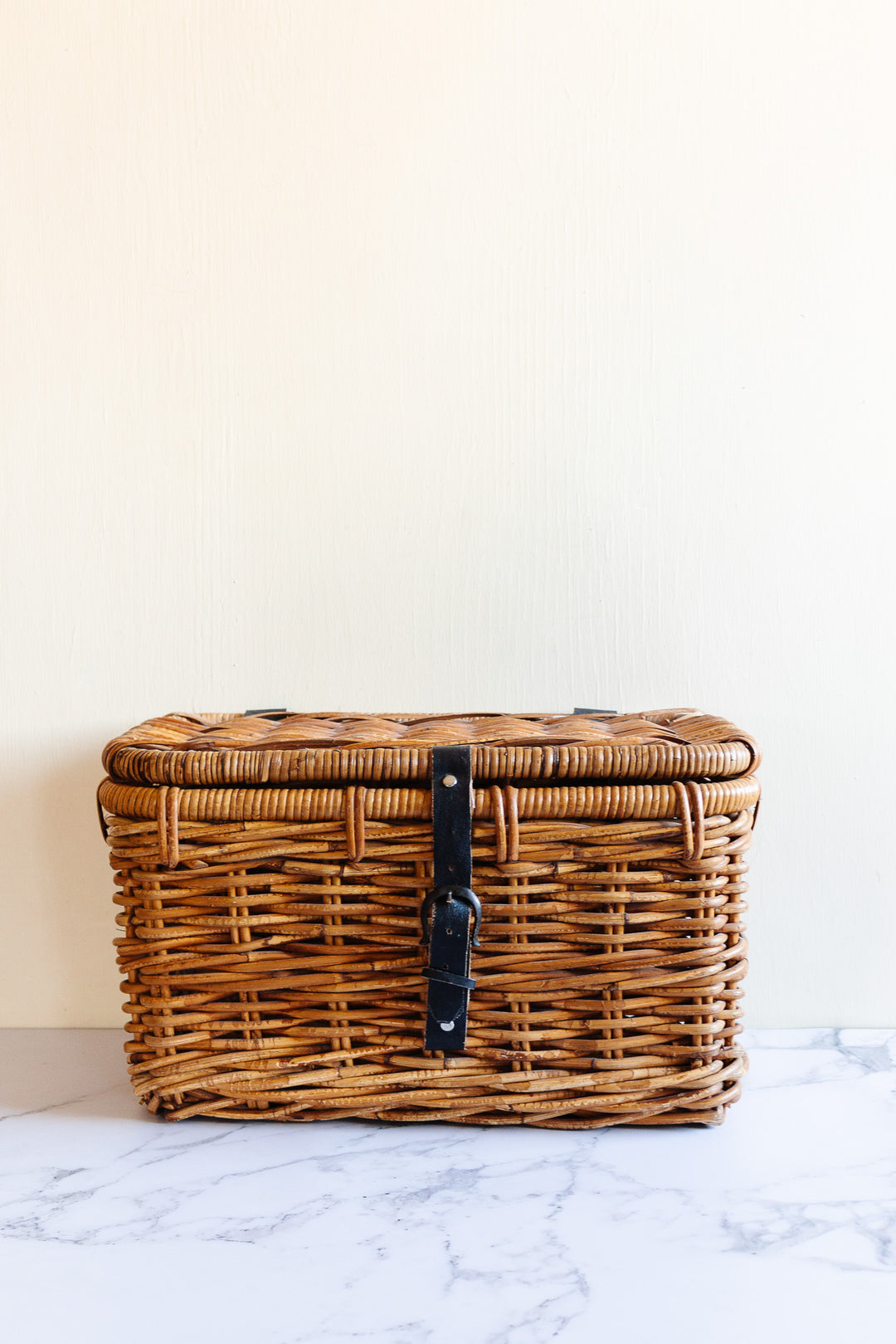 antique french rattan bicycle basket with leather buckle