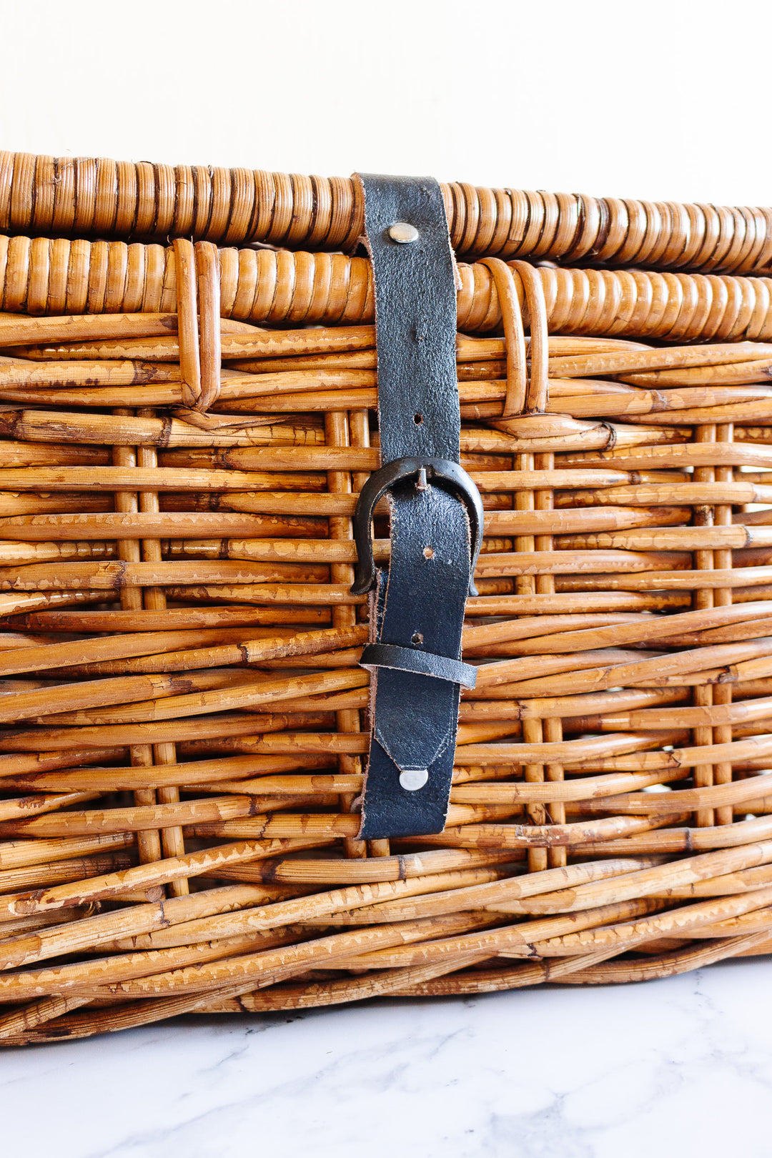 antique french rattan bicycle basket with leather buckle