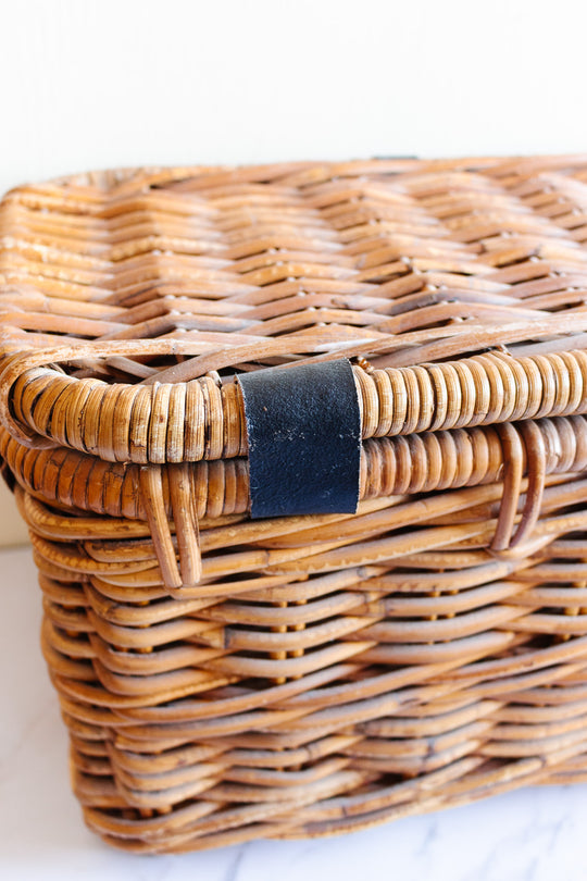 antique french rattan bicycle basket with leather buckle