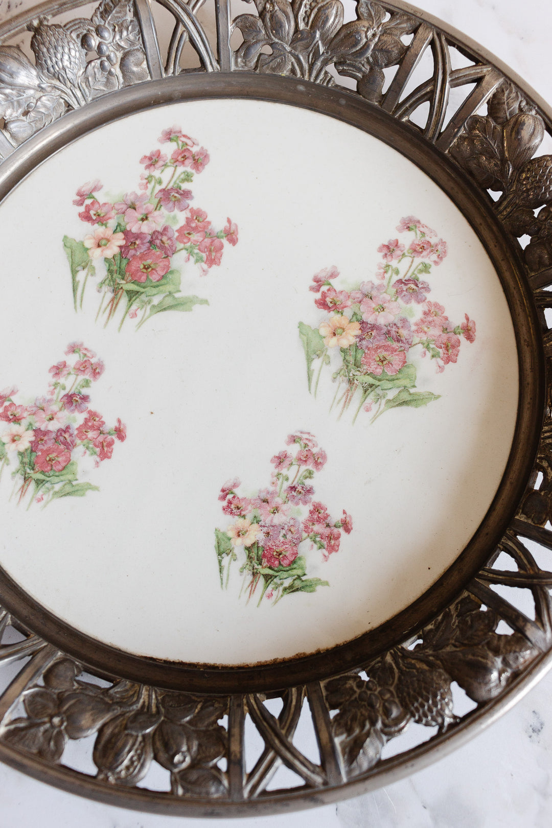 large turn of the century porcelain handpainted primrose cake plate