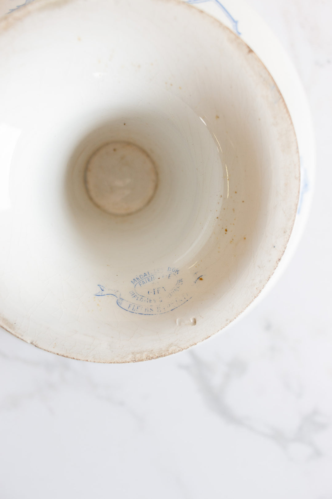 antique french gien blue and white transferware compotier