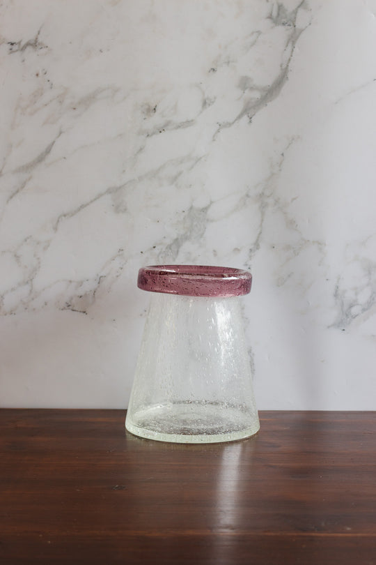 vintage french hand blown pink rimmed vase in the style of biot
