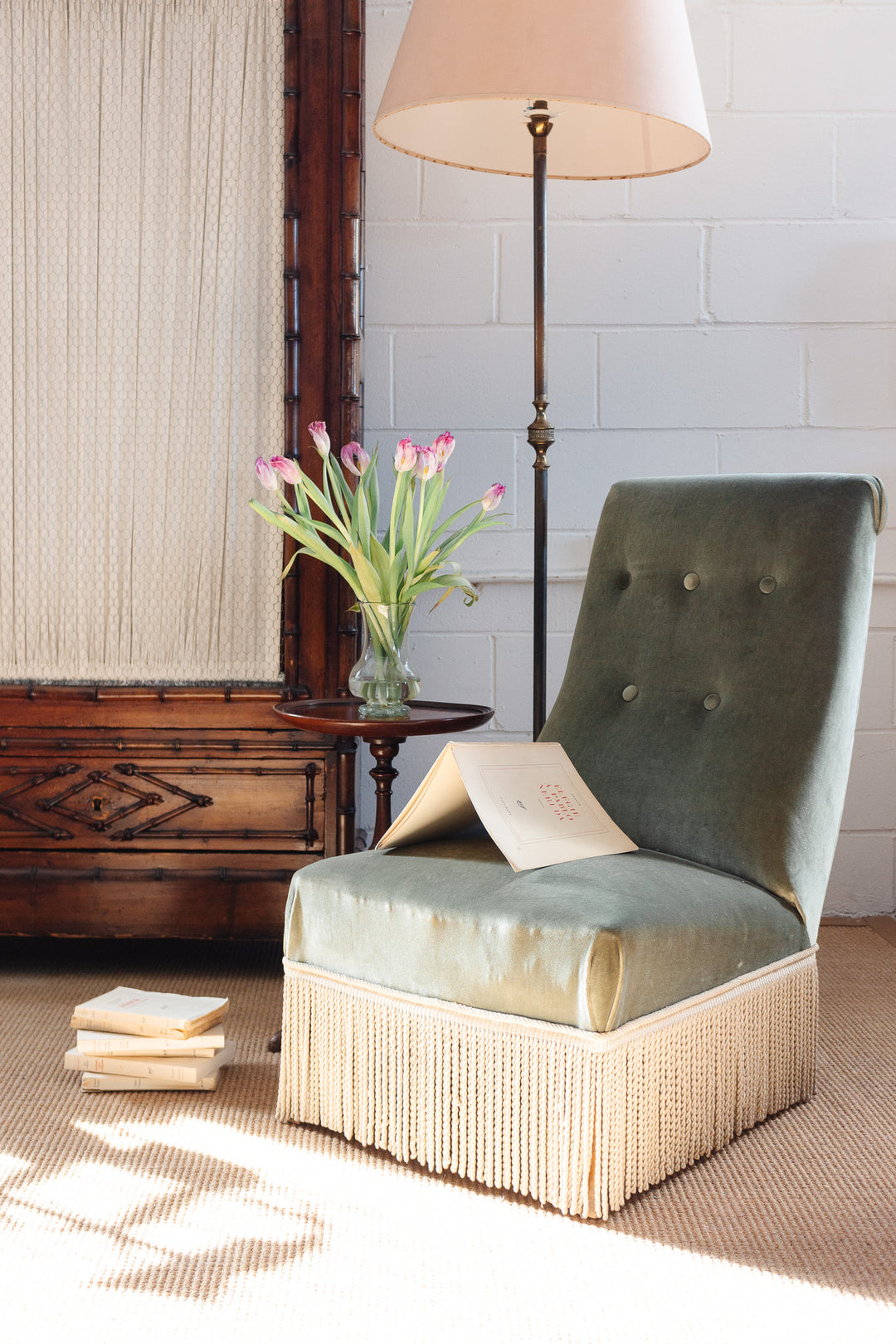 Napoleon III french velvet slipper chair with fringe