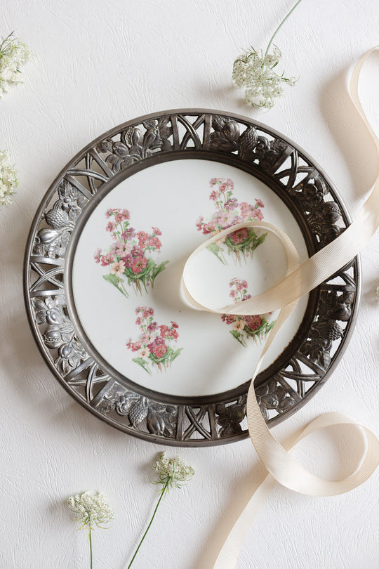 large turn of the century porcelain handpainted primrose cake plate